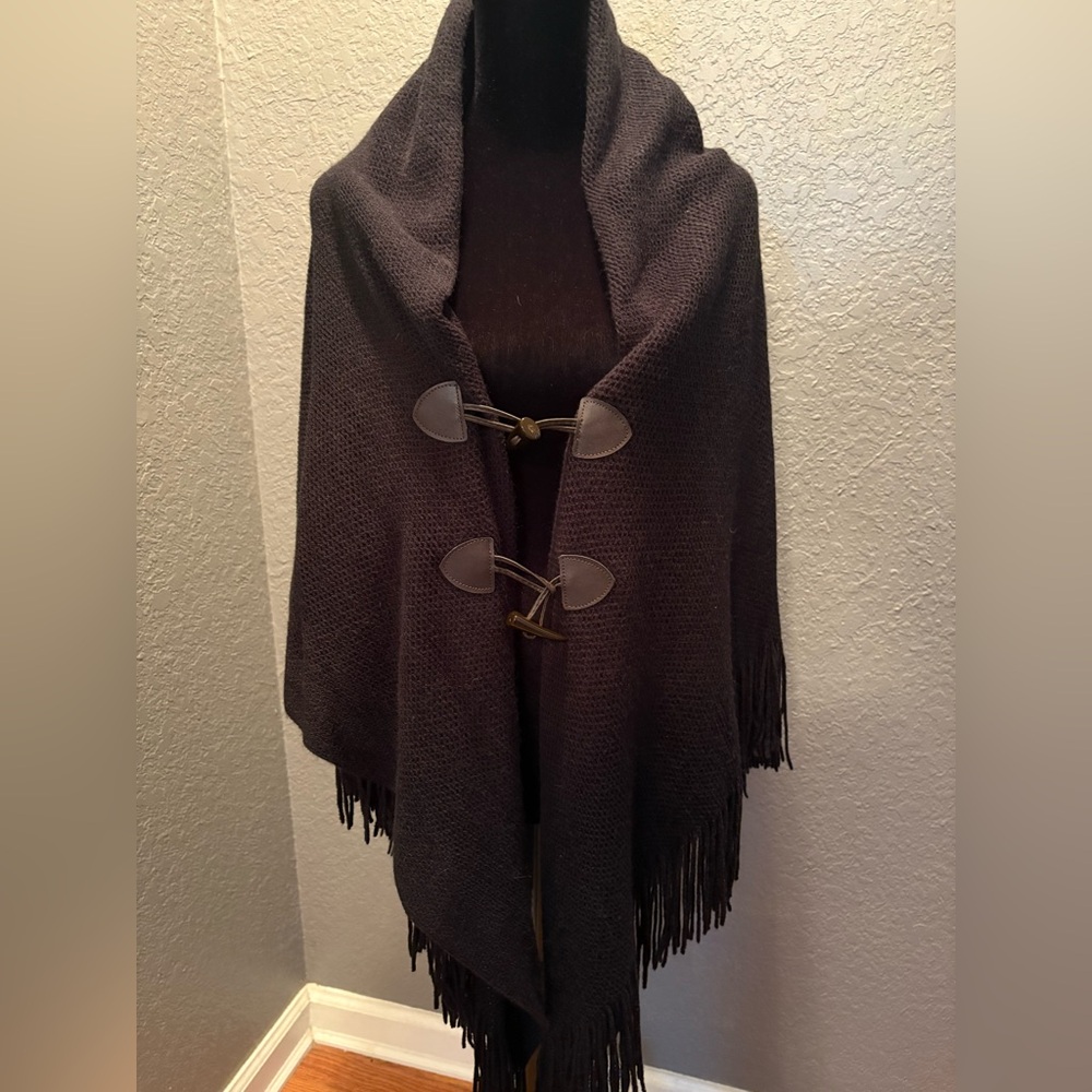Chic Black Poncho with Fringe and Toggle